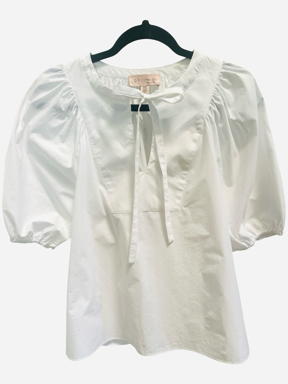 Philosophy White Puff Sleeve Tie Neck cotton Blouse | Cottagecore Romantic| M